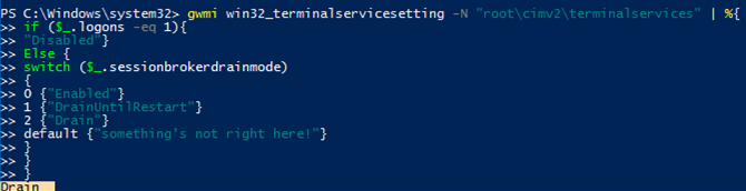 check drain mode on windows server 2016 rds host via powershell