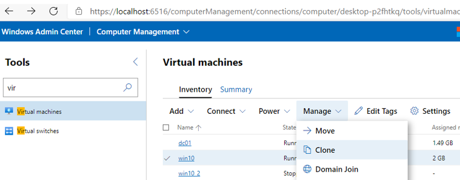 cloning hyper-v virtual machine in Windows Admin Center v2009 