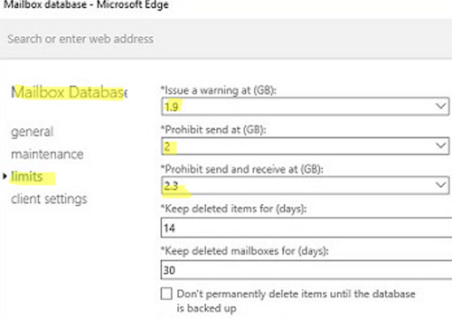 Configure mailbox database storage quotas 