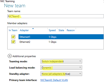 Configure NIC Teaming additional properties (load balancing mode, standby)