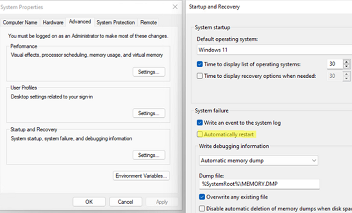 disable automatic restart on system failure on windows 11