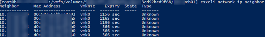 esxcli network ip neighbor - list MAC addresses