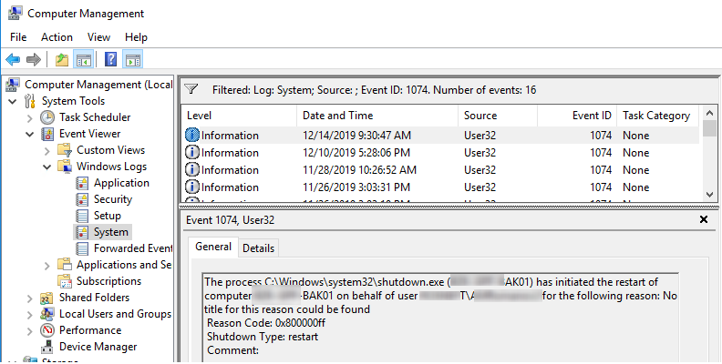 EventID: 1074 The process C:\Windows\system32\shutdown.exe has initiated the restart of computer on behalf of user for the following reason: Reason Code: 0x800000ff Shutdown Type: restart 