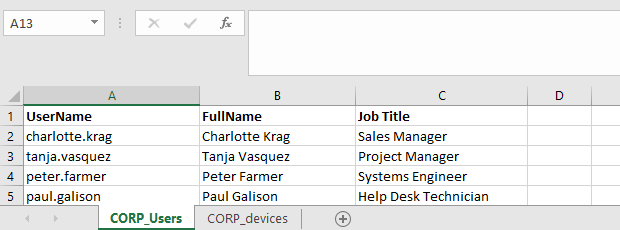 how to access a sample excel file with user info from powershell