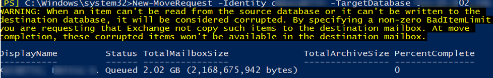 Migrate Exchange Mailboxes to another database using New-MoveRequest cmdlet