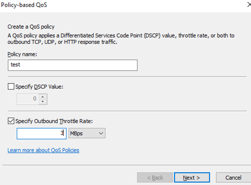 set outbound throttle rate with windows qos policy