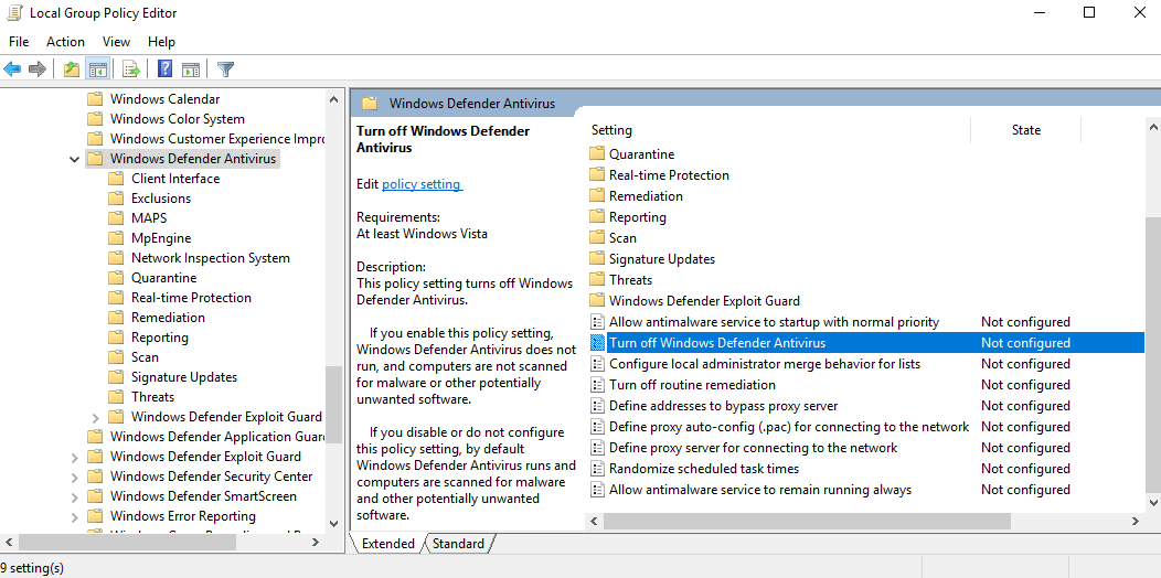 Turn off Windows Defender Antivirus - group policy 