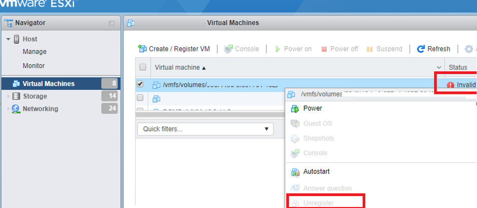 vmware esxi invalid (unknown) state of vm in console