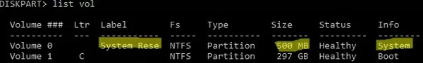 check disk for system reserved partition in winpe with diskpart