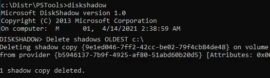 diskshadow delete oldest shadow copy on Windows Server 2019