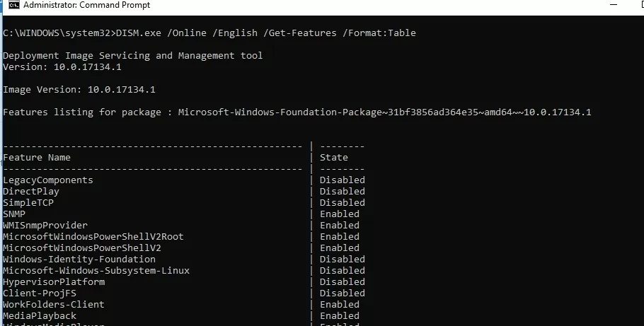 DISM Get-Features list