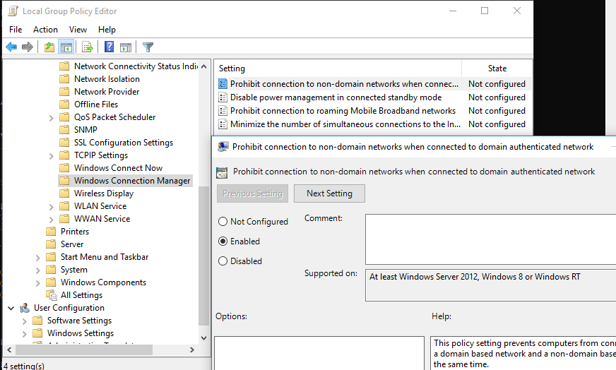 gpo: Prohibit connection to non-domain networks when connected to domain authenticated network