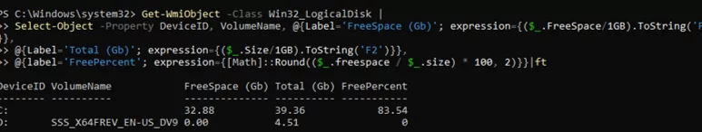 server core get free disk space with powershell
