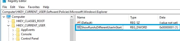 ShowRunasDifferentuserinStart registry