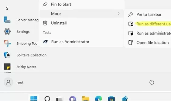 windows 11 start menu item to runas another user