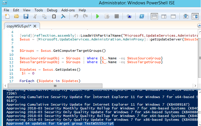 copy approved updates between wsus computer group with powershell script 